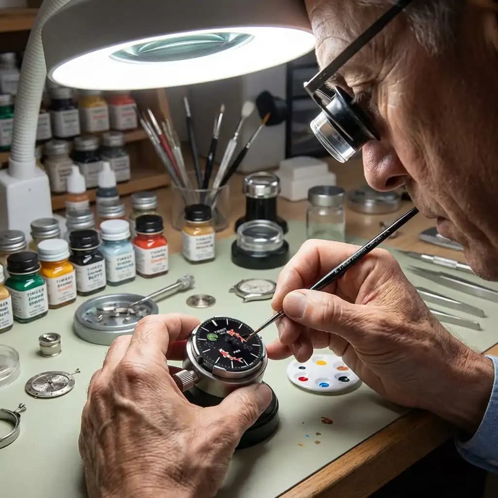 TDS artist hand-painting a koi fish watch dial